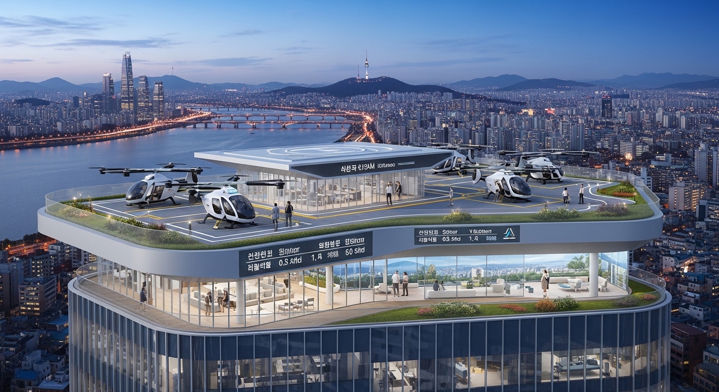 UAM 버티포트 옥상 수직이착륙장 도심 빌딩 서울 한강 공항 연결 에어택시 탑승장 미래 인프라 퓨처 틸