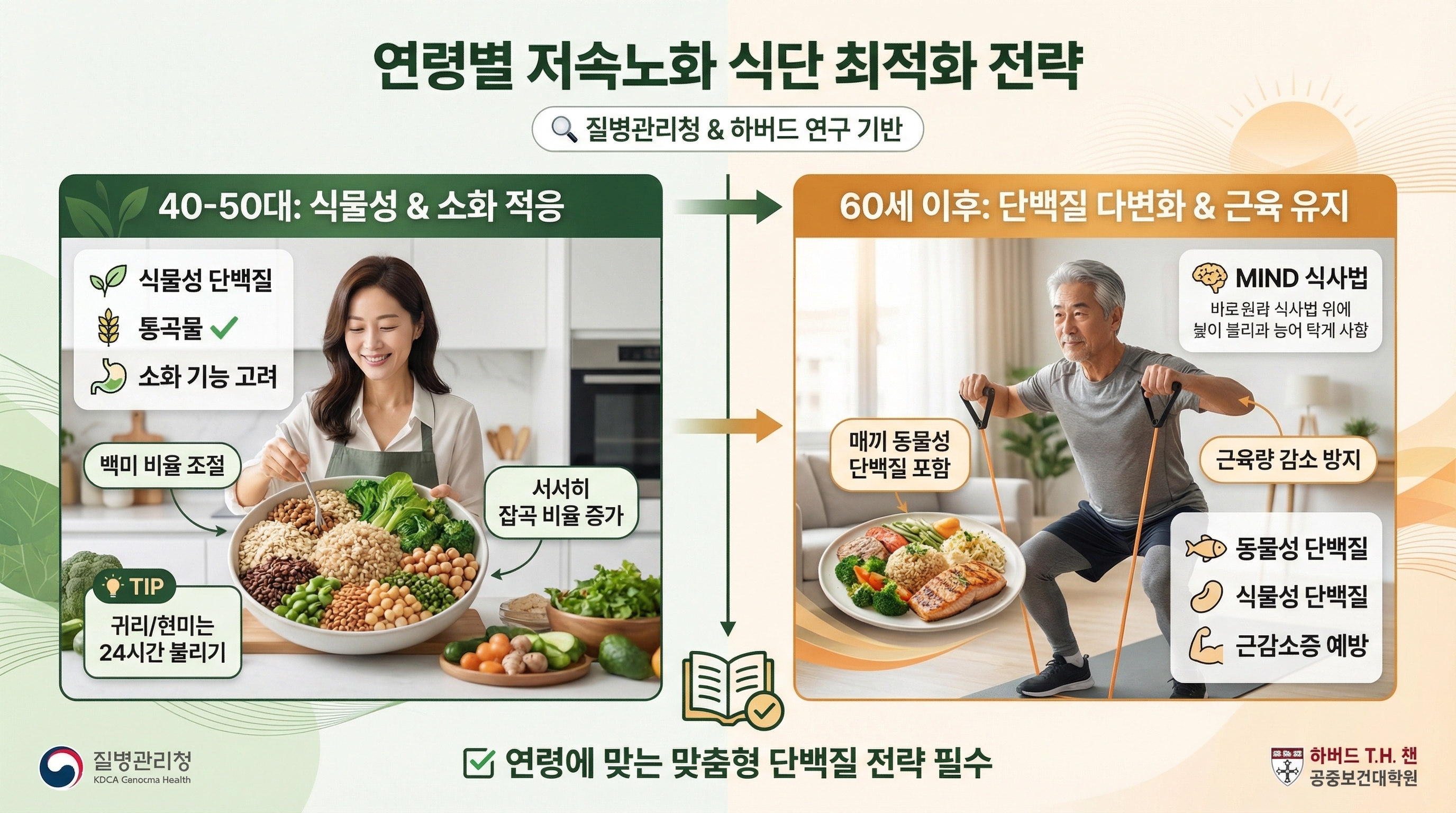 4050대 및 60대 이후 연령별 저속노화 식단 맞춤형 단백질 전략 인포그래픽