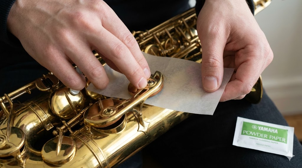 색소폰 키 패드에 클리닝 페이퍼를 끼워 끈적임과 수분을 제거하는 장면