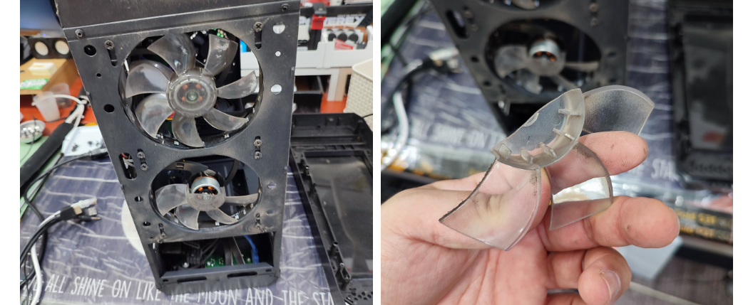 저가형팬은 날개가 반으로 부러진 경우도 있습니다.