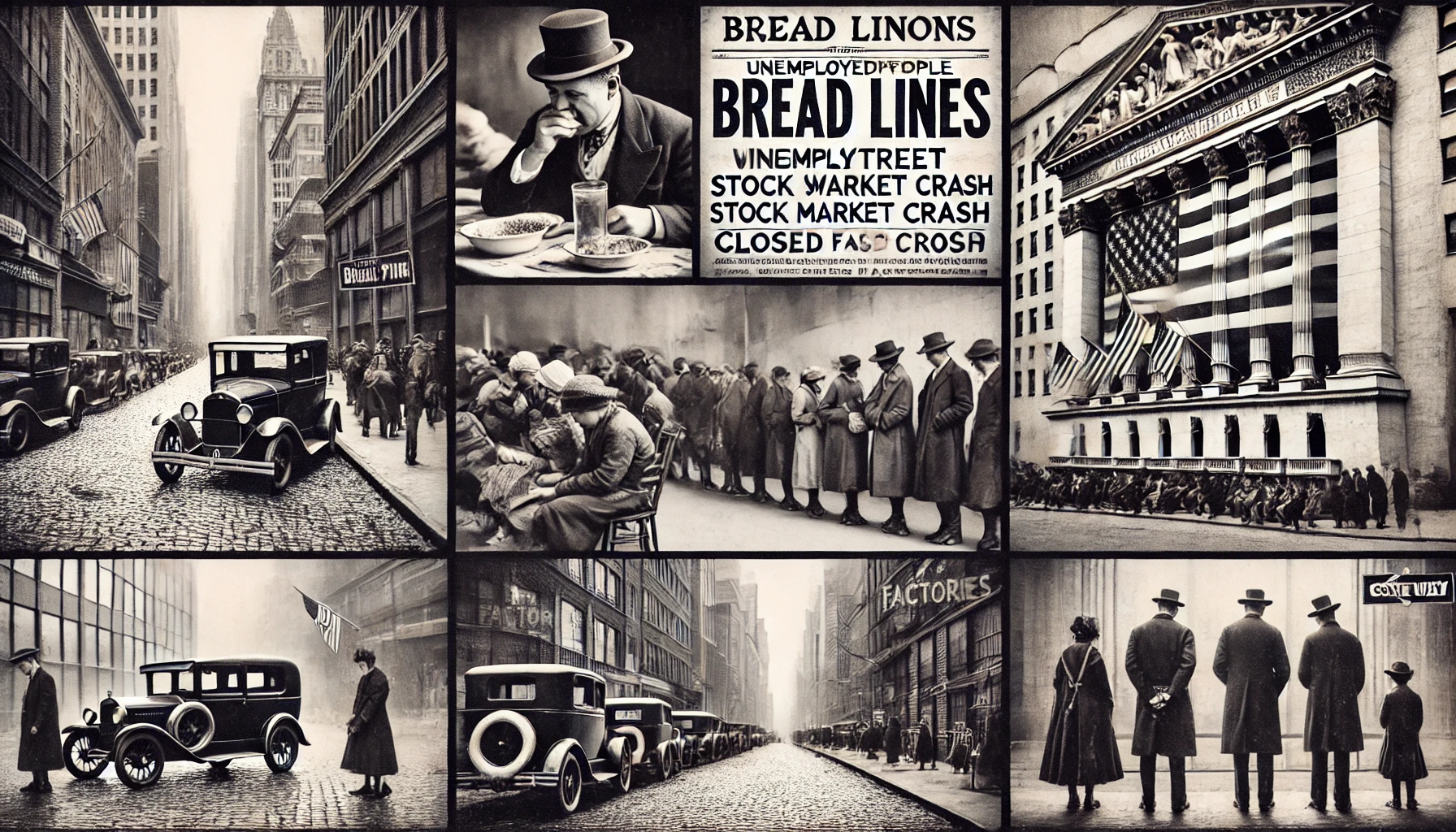 1929년 대공황을 표현한 역사적이고 현실적인 이미지. 흑백 톤으로 실직자들이 빵 배급 줄을 서 있는 모습, 월스트리트 주식 시장 붕괴, 폐쇄된 공장과 침울한 분위기를 담음. 경제적 어려움을 상징하는 가난에 처한 가족들, 텅 빈 거리, 금융 위기를 다룬 빈티지 신문 헤드라인을 포함하며, 1920년대의 시대적 분위기와 복식, 건축양식을 충실히 재현.