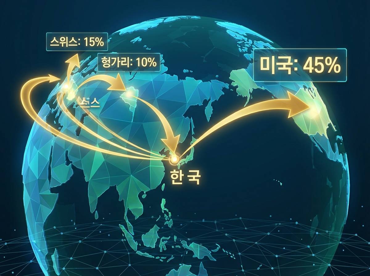 세계 지도 위에 한국에서 유럽(스위스, 헝가리)과 미국으로 향하는 금색 화살표가 그려져 있고, 각 국가 위에 수출액 비중이 표시된 입체적인 데이터 시각화 이미지