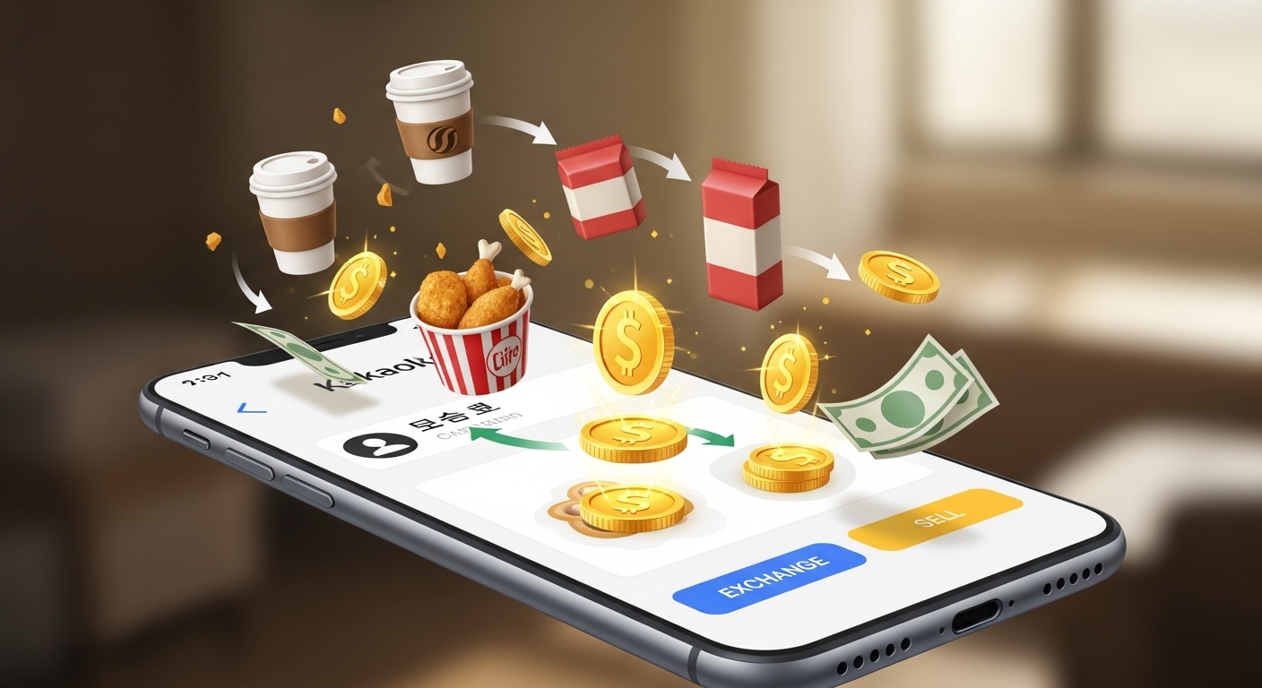 카카오톡 기프티콘이 돈으로 바뀌거나 거래되는 모습을 보여주는 스마트폰 화면 일러스트.