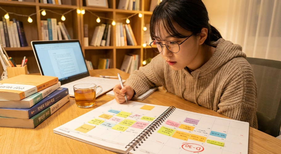 포스트잇이 가득 붙은 달력을 보며 의지를 다지는 여성