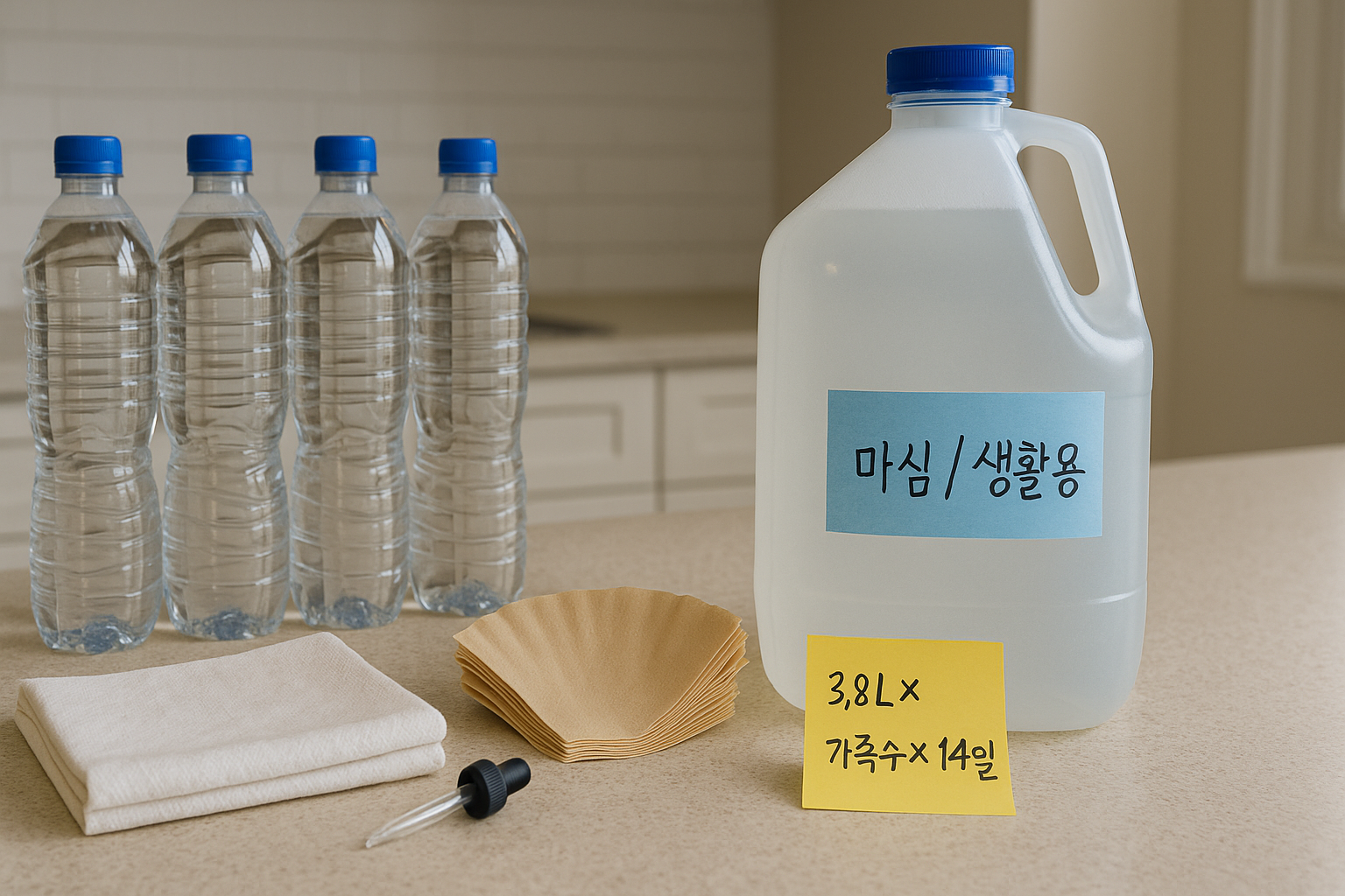 주방 상판 위 비상 식수 2주 준비 실사—2L 생수병과 라벨 붙인 큰 물통, 커피필터·스포이드, 3.8L×가족수×14일 메모가 함께 놓여 있음