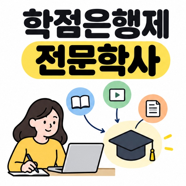 학점은행제 전문학사 제목 아래 성인 학습자가 노트북으로 공부하고 책과 영상, 학습 결과가 학사모로 연결되는 대표 이미지