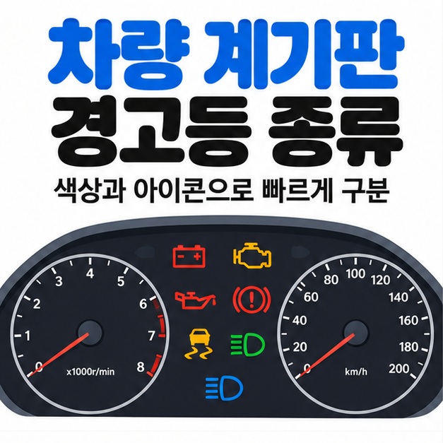차량 계기판 경고등 종류를 빨간색 노란색 초록색 파란색 경고 아이콘과 자동차 계기판으로 표현한 카드뉴스