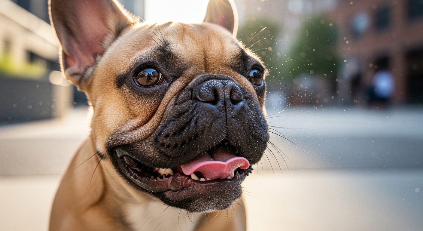 지면 가까이에서 혀를 내밀고 팬팅하며 숨을 쉬는 강아지. 미세먼지가 많은 공기를 들이마시는 모습을 강조.