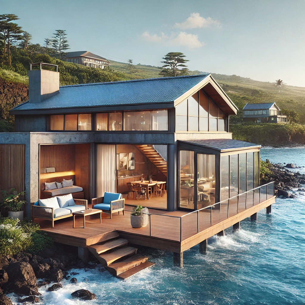 제주도의 푸른 바다와 감성적인 숙소가 어우러진 풍경