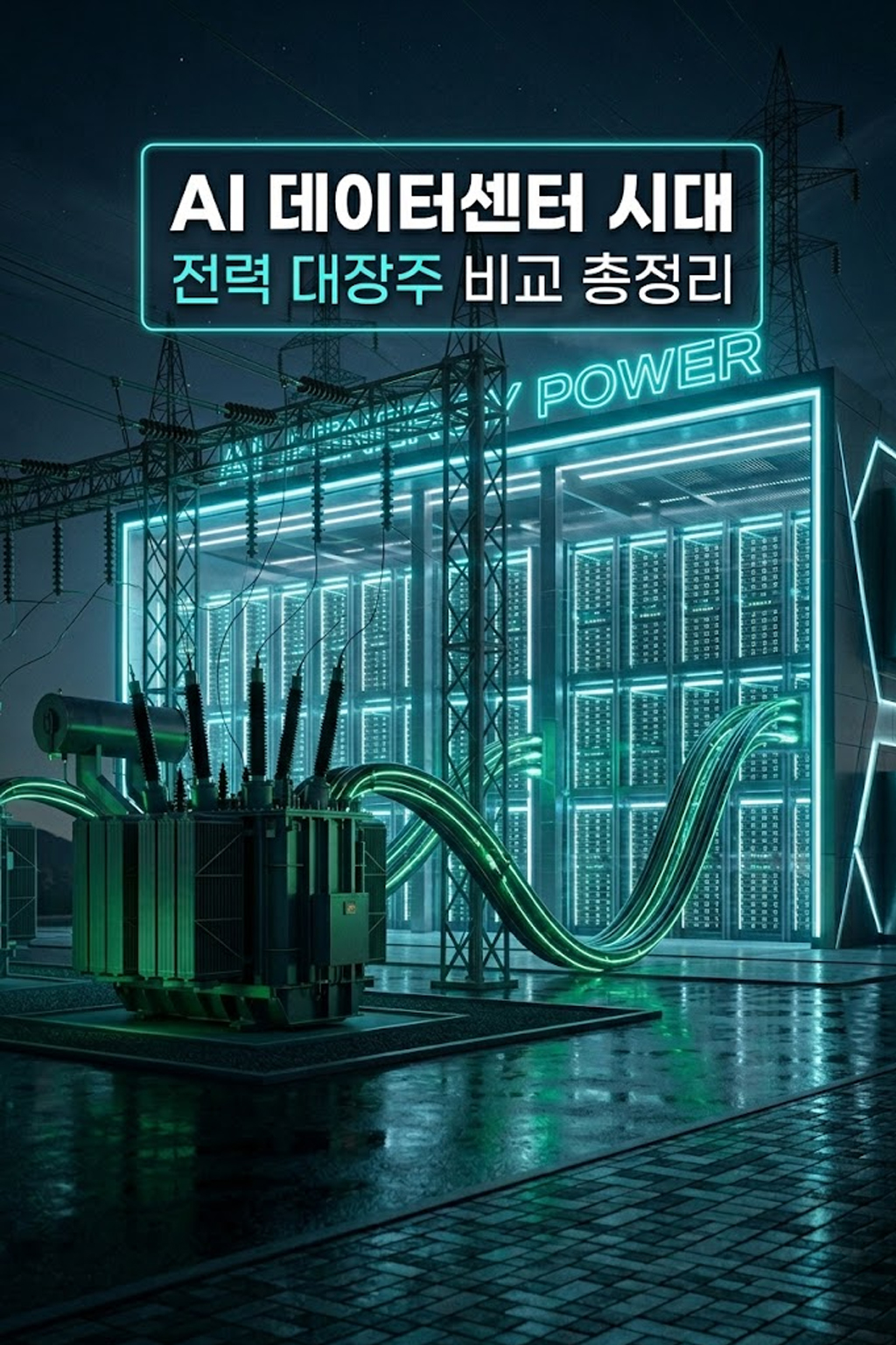 AI 데이터센터와 변압기 배경 위에 'AI 데이터센터 시대 전력 대장주 비교 총정리' 문구가 적힌 세련된 썸네일 이미지입니다.