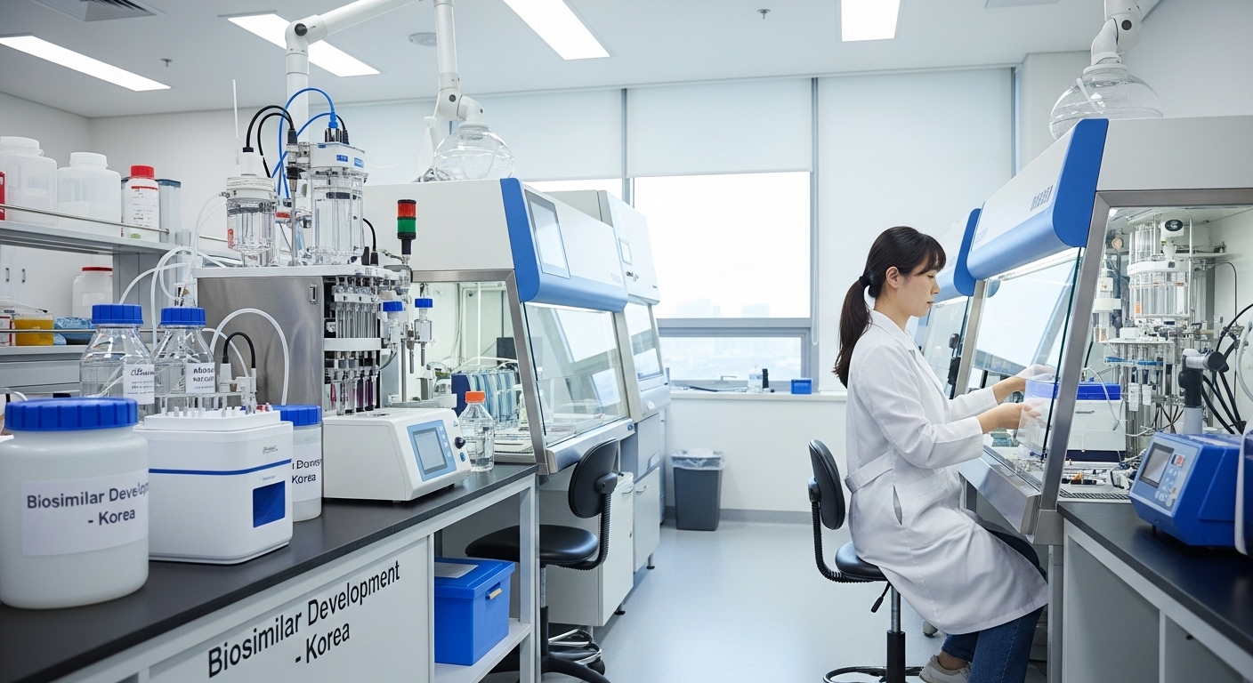 a Korean scientist in a white lab coat operating biopharmaceutical equipment