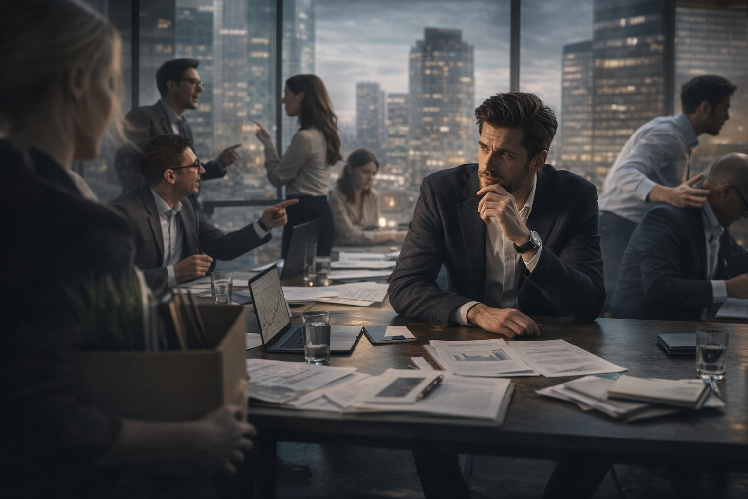 회의실에서 갈등이 벌어지는 장면, 결정 이후의 저항을 상징