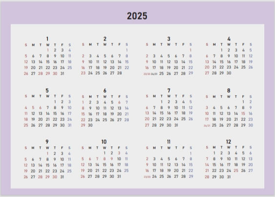 2025 달력 6가지 색상 무료 다운로드5