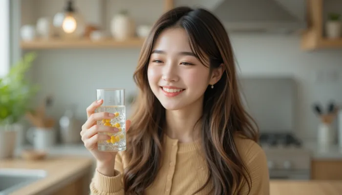 주방에서 물과 함께 영양제를 삼키는 여성