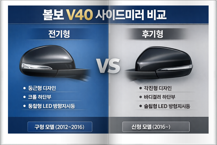 볼보 V40 사이드미러 전기형과 후기형 모델 비교