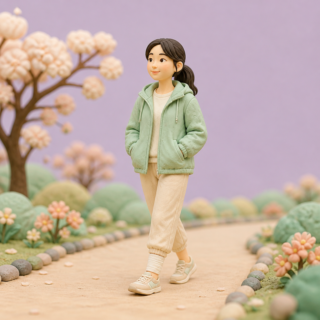공원 산책길에서 발목에 붕대를 감고 천천히 걷는 30대 여성