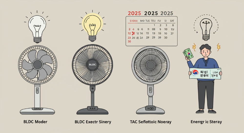 2025년 최신 BLDC 모터 선풍기와 AC 모터 선풍기의 소비전력을 비교하는 이미지. BLDC 선풍기는 낮은 전력 사용량을, AC 선풍기는 높은 전력 사용량을 보여 전기요금 절감 효과를 시각적으로 강조합니다.