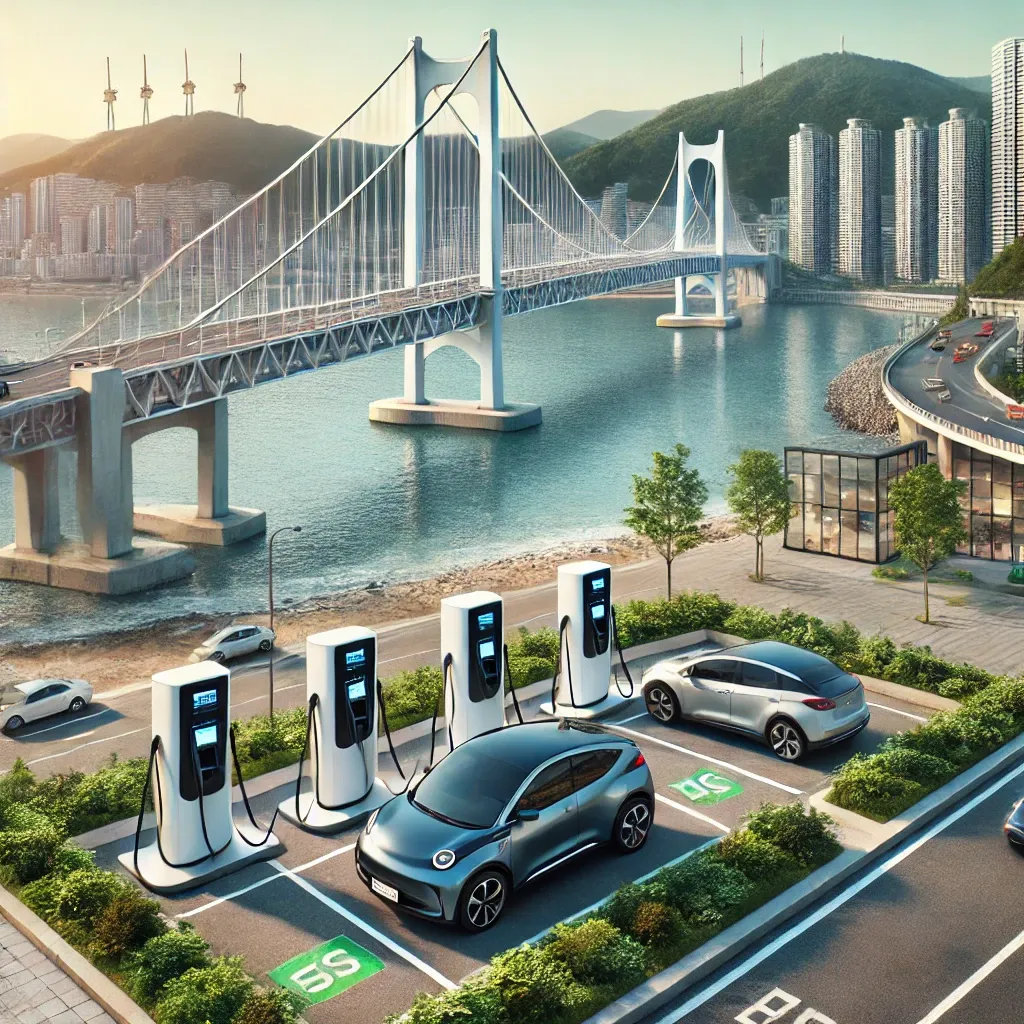 부산 광안대교를 배경으로 한 전기차 충전소와 충전 중인 차량