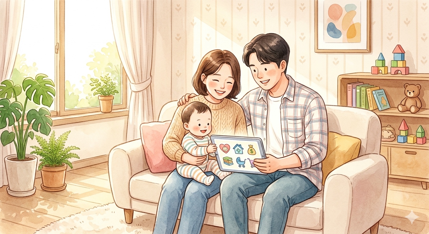 A couple with a baby on their lap browses childcare government benefits and local welfare programs together on a tablet in a warm and cheerful home setting.