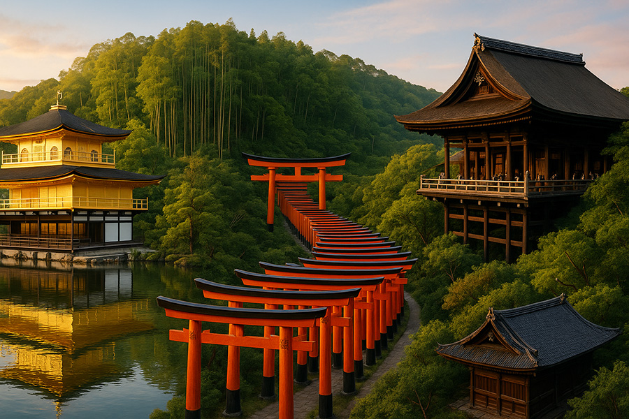 교토 대표 명소 4곳을 한 프레임에 담은 파노라마 뷰 - 금각사, 후시미 이나리, 청수사, 아라시야마