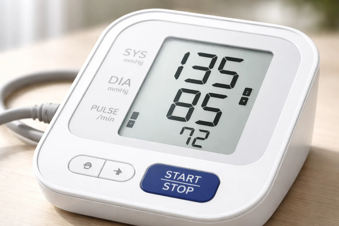 가정혈압 측정기 화면에 표시된 혈압 수치 135/85mmHg