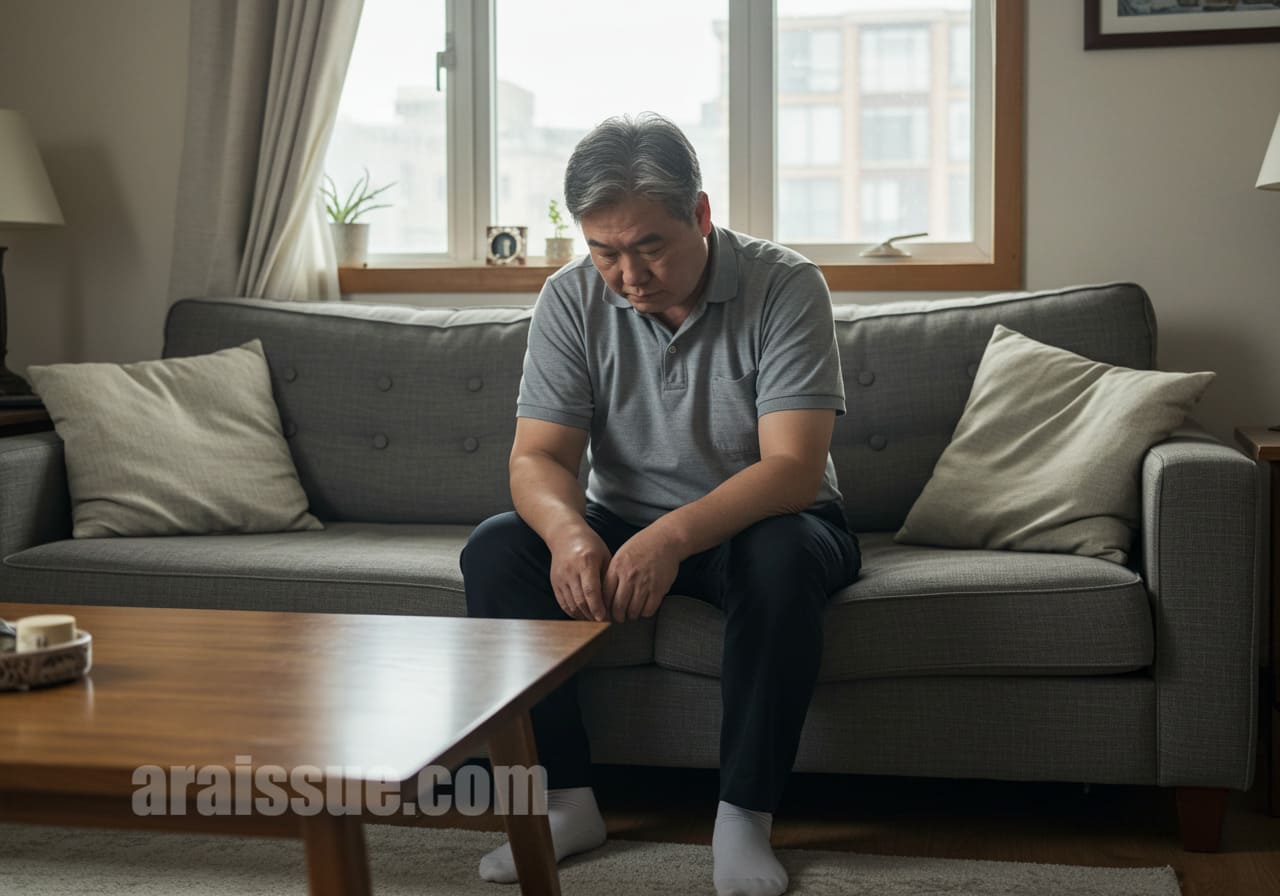 계속 피곤한 60대 남성의 모습 묘사