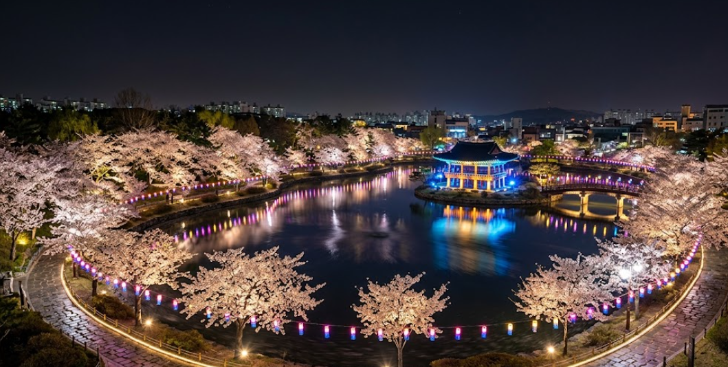 화려한 야경 조명과 벚꽃이 어우러진 수원 만석공원의 밤 풍경