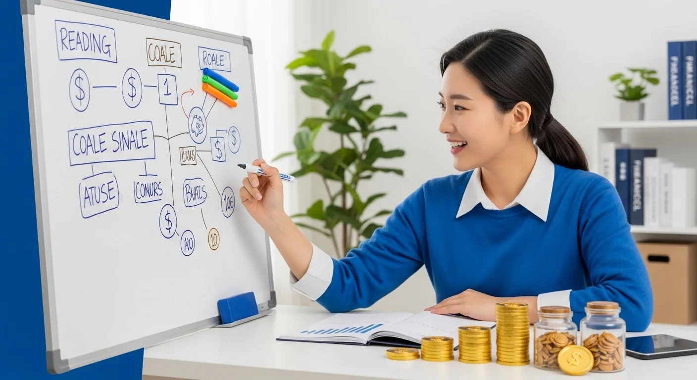 스마트폰으로 금융 앱을 확인하며 재무 목표를 계획하는 밝은 표정의 한국인 여성.