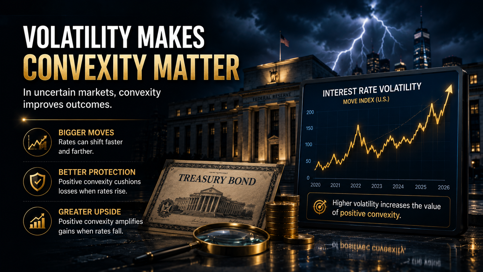 Financial illustration of interest rate volatility, Treasury bonds, and positive convexity during uncertain market conditions.