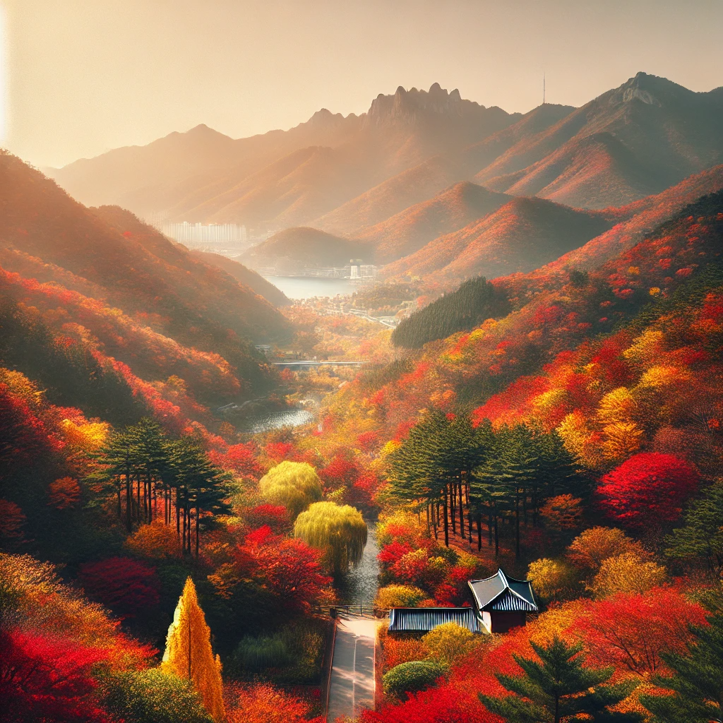 부산 금강공원의 가을 단풍이 물든 산 풍경, 붉고 노란 나뭇잎이 가득한 산책로가 맑은 하늘 아래 펼쳐져 있다.