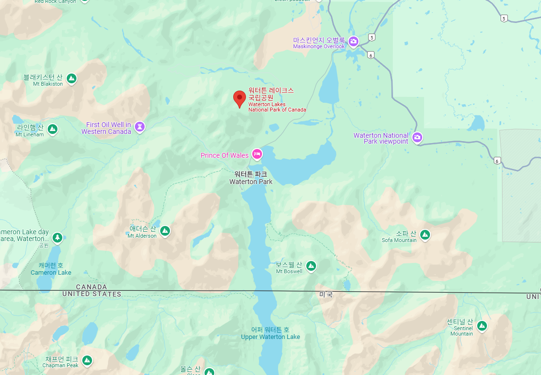 워터턴레이크 국립공원 지도