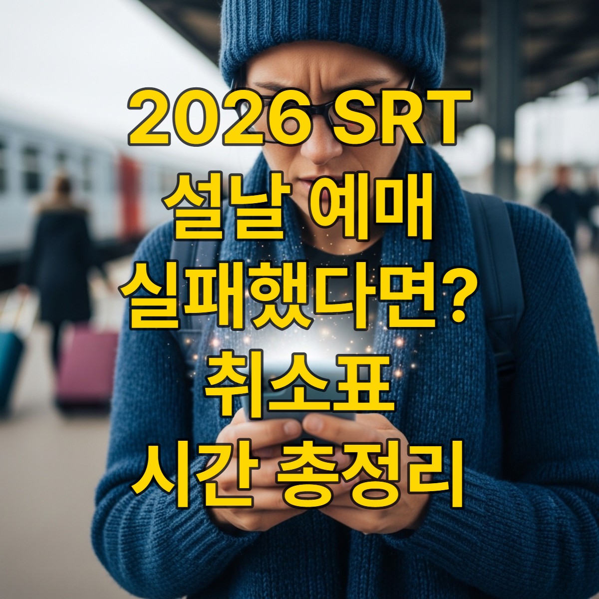 스마트폰으로 SRT 취소표를 빠르게 확인하며 예매를 시도하는 사람의 모습. 희망찬 분위기.