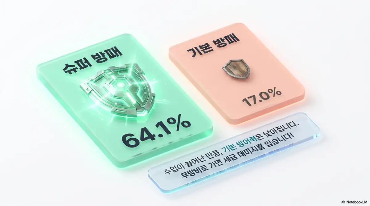 종소세 단순경비율 기준경비율: 단순경비율 64.1%(슈퍼 방패)와 기준경비율 17.0%(기본 방패)의 경비 인정 비율 격차를 카드 형태로 비교한 이미지. 수입이 늘어나면 기본 방어력이 낮아져 세금 데미지가 커진다는 내용을 시각적으로 전달하며 단순경비율 기준경비율 세금 차이를 설명함