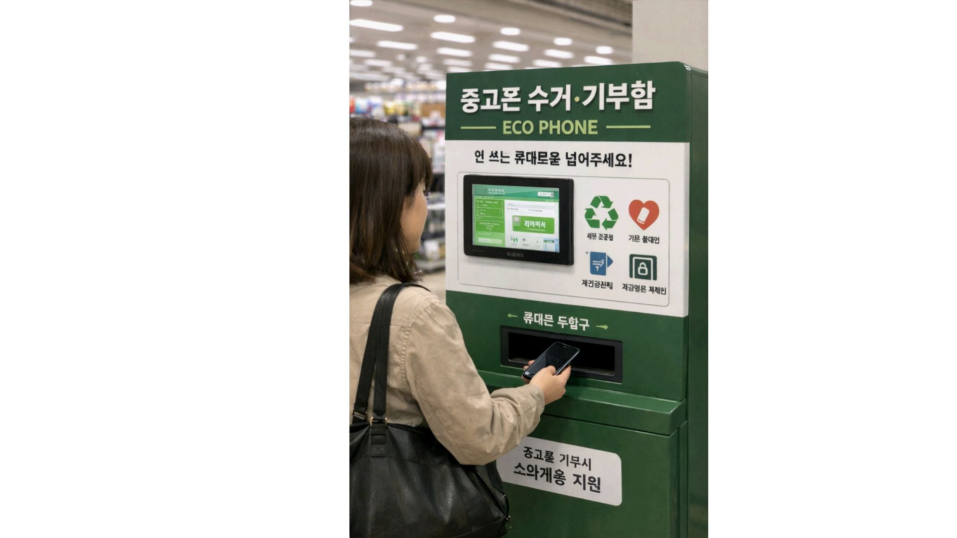 대형 마트나 공공장소에 설치된 비대면 중고폰 수거 기기를 통해 안 쓰는 스마트폰을 기부하거나 판매하여 자원 재활용에 동참하는 모습이다.