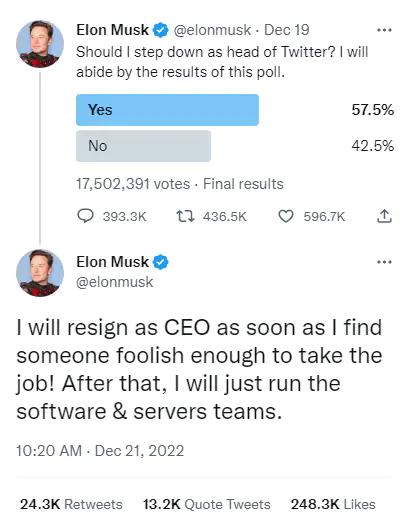 일론 머스크는 후임을 구한 후 트위터 CEO직을 사임하겠다 선언.