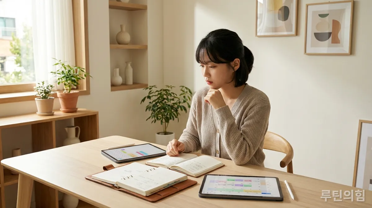 다양한 플래너를 보며 고민하는 한국 학생의 모습