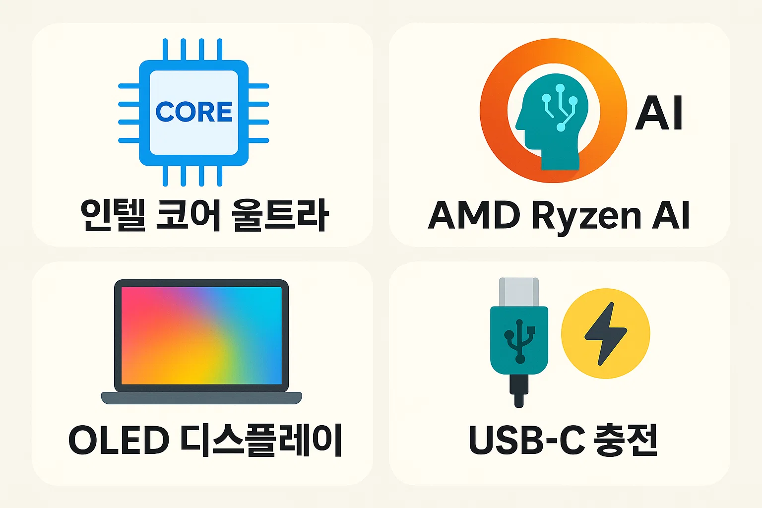 인텔 코어 울트라와 AMD Ryzen AI, OLED 디스플레이, USB-C 충전 등 최신 가성비 노트북에서 고려해야 할 핵심 스펙을 정리한 인포그래픽입니다.