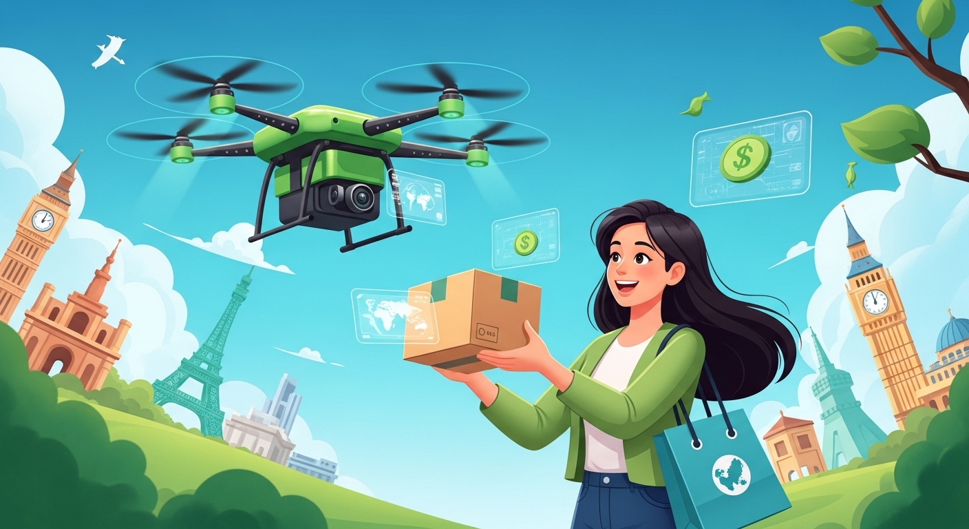 2025년, 스마트 해외직구로 배송비를 절약하며 행복하게 택배를 받는 여성의 모습. 세계 지도가 배경에 깔려있어 글로벌 쇼핑의 의미를 강조한다.