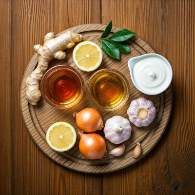 생강, 꿀, 마늘, 레몬, 양파, 녹차, 요구르트가 식탁에 놓여 있는 모습