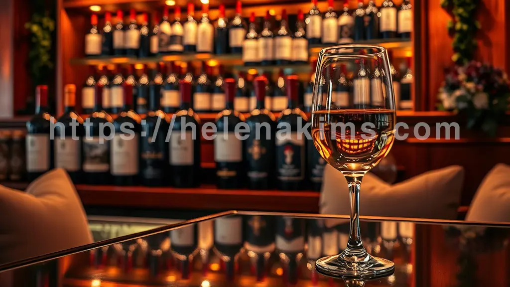고급스러운 와인바 탁자 위에 와인 한잔이 놓여 있다.