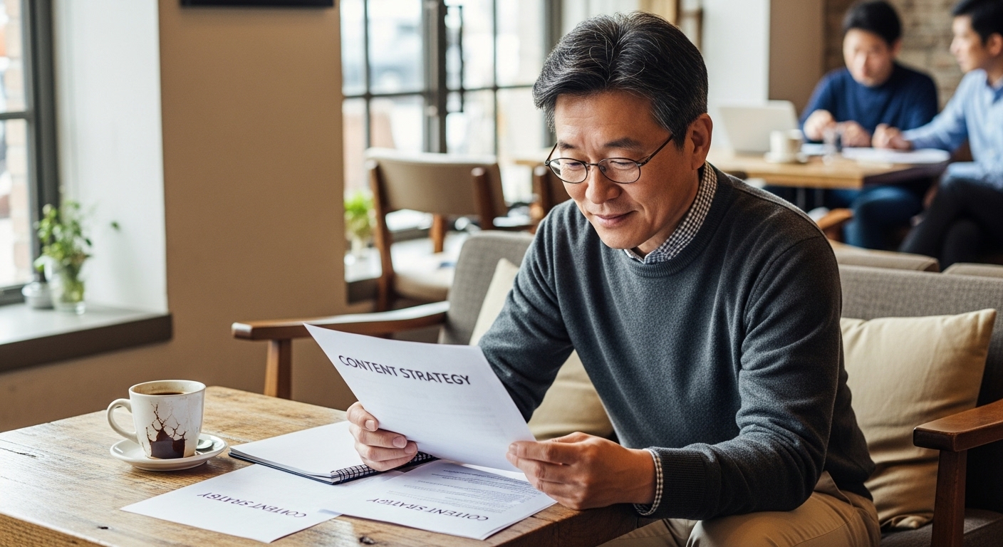 카페 테이블에서 커피와 콘텐츠 전략 문서 보는 50대 남성