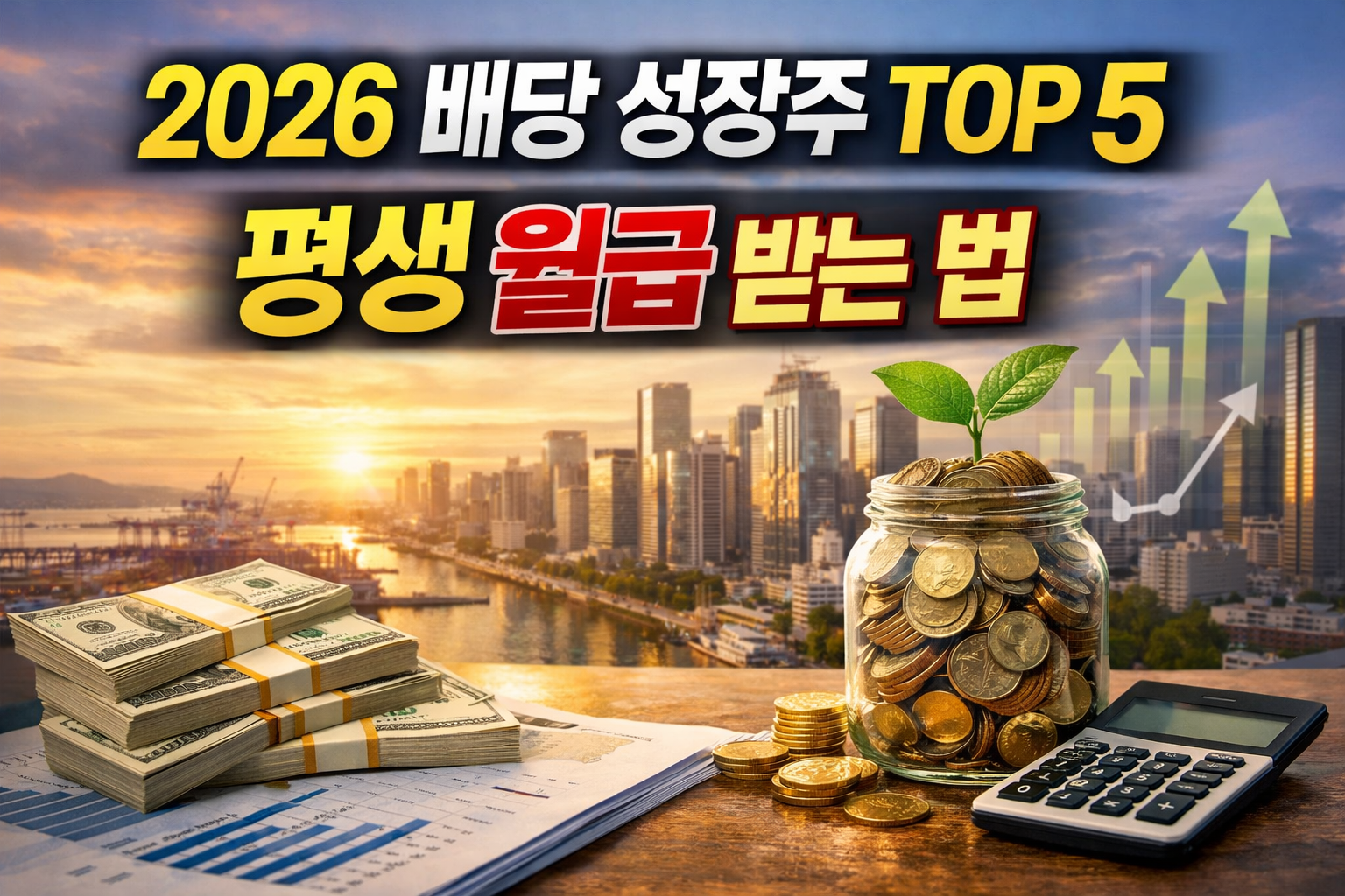 2026 배당 성장주 TOP 5 썸네일 이미지, 평생 월급처럼 받는 배당 투자와 장기 자산 성장을 표현한 실사 이미지
