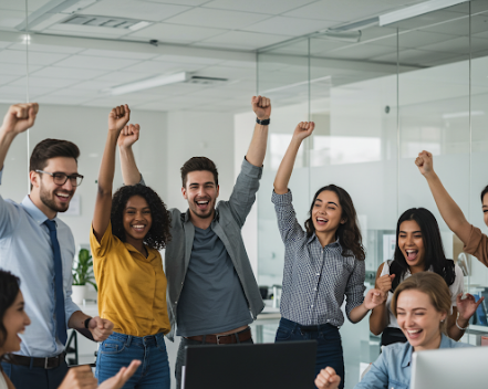 젊은 직장인들이 사무실에서 기뻐하는 모습을 담은 현대적인 인포그래픽 스타일