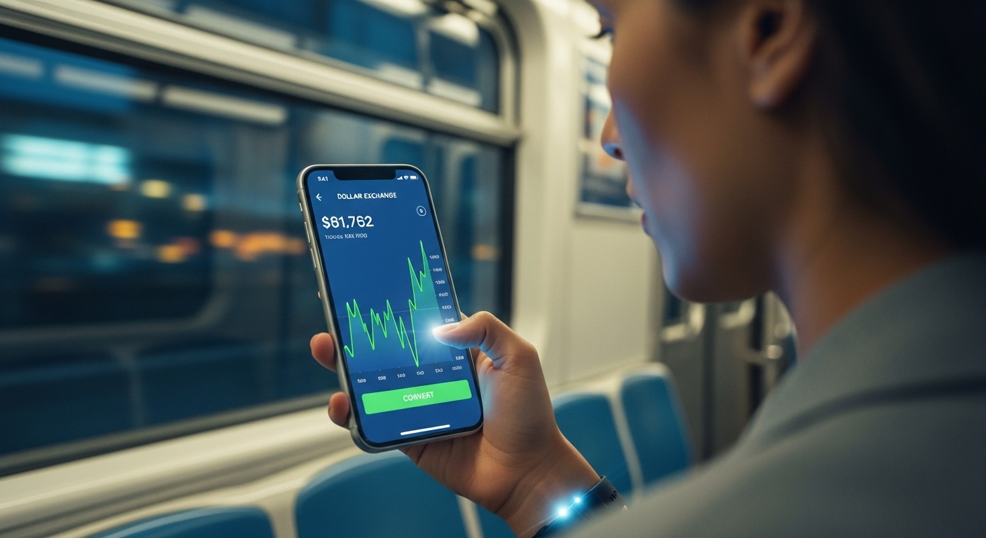 지하철 안에서 스마트폰으로 토스 앱을 실행하여 달러 환전 화면을 보고 있는 2030 직장인의 모습. 밝고 희망적인 분위기