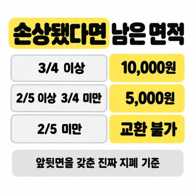 남은 면적 3/4 이상은 10,000원, 2/5 이상 3/4 미만은 5,000원, 2/5 미만은 교환 불가로 대응시킨 손상 지폐 교환 기준표