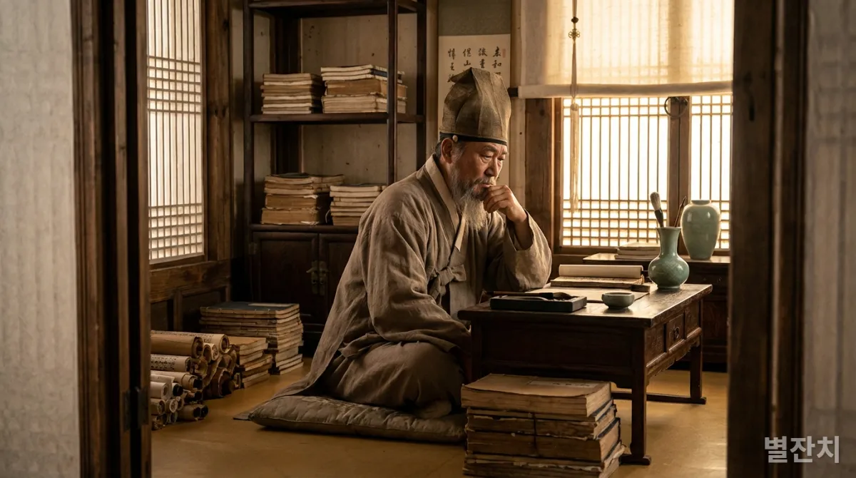 책과 두루마리에 둘러싸여 깊은 생각에 잠긴 고대 한국 선비의 모습.