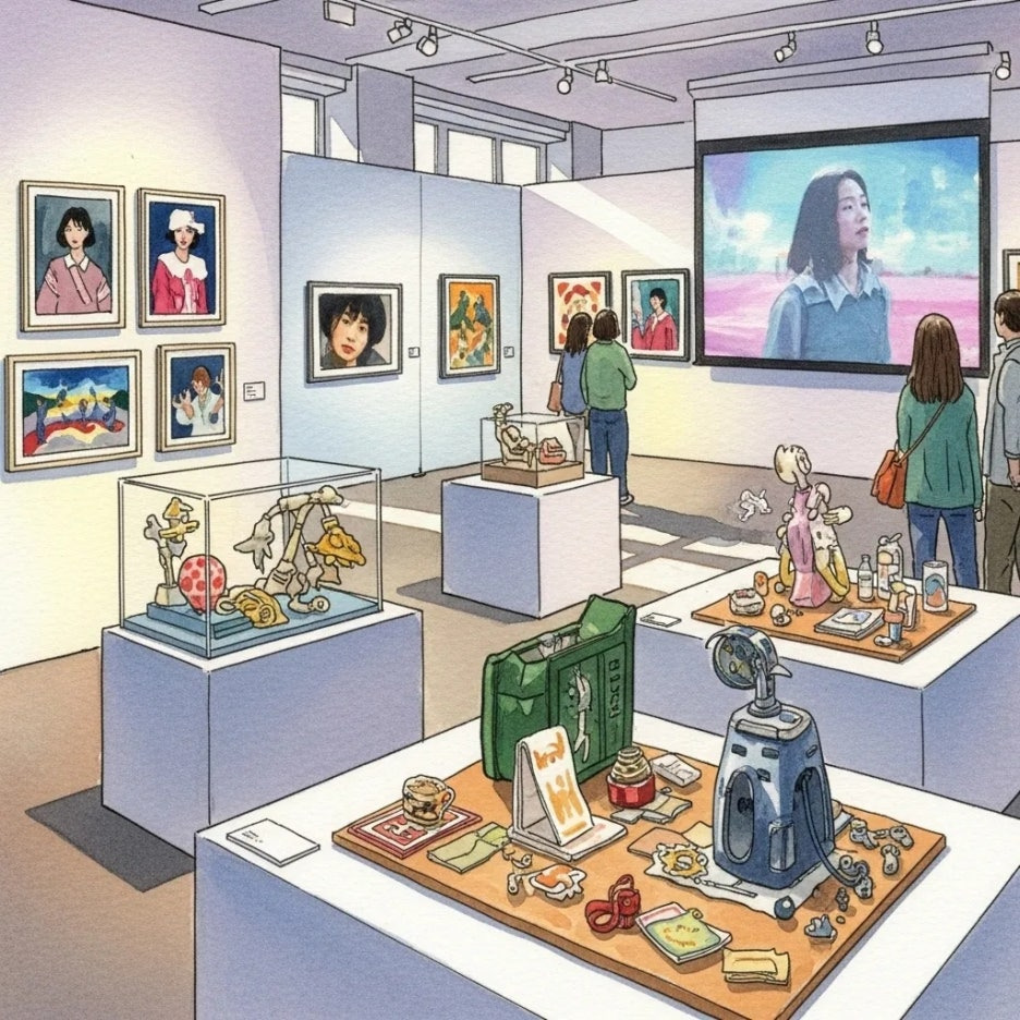 다양한 매체로 꾸며진 전시 공간을 둘러보는 사람들