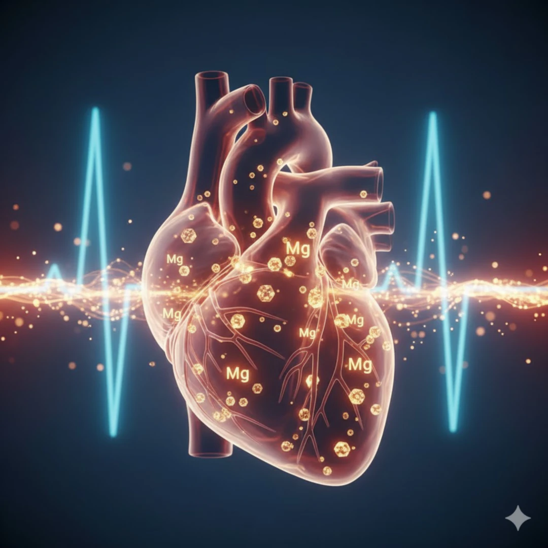안정적으로 뛰는 심장 박동을 나타내는 심전도 그래프를 배경으로 합니다. 심장 박동이 규칙적인 물결이나 빛의 파동으로 표현되고, 그 안에 마그네슘 분자들이 순환하며 조화를 이루는 모습을 담습니다. 전체적으로 따뜻한 붉은색과 푸른색 계열의 색감을 사용하여 생명력과 건강한 순환을 나타냅니다.