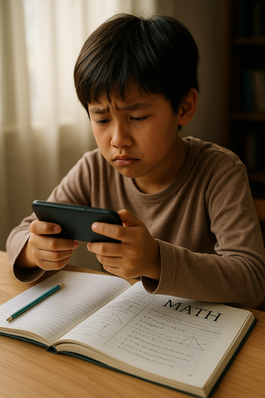 SEO Optimized Descriptions of the Image in 5 Languages with Copyright Notice
Here are SEO-optimized descriptions of the image in English, Korean, Spanish, French, and Japanese, along with a copyright notice:

English:

Title: Focused Asian Boy Studying Math Online on Smartphone

Description: A young Asian boy with short dark hair is intently looking at a smartphone while sitting at a desk with an open math textbook. A pencil rests on the notebook, suggesting he is engaged in online learning or homework. The scene captures a moment of concentration and digital education.

Keywords: online learning, math, homework, student, child, Asian boy, smartphone, education, studying, concentration, digital learning, textbook, pencil

Korean:

제목: 스마트폰으로 온라인 수학 공부에 집중하는 아시아 소년

설명: 짧은 검은 머리의 어린 아시아 소년이 책상에 앉아 수학 교과서를 펼쳐놓고 스마트폰을 주의 깊게 보고 있습니다. 연필이 공책 위에 놓여 있어 온라인 학습이나 숙제를 하고 있음을 나타냅니다. 이 장면은 집중과 디지털 교육의 순간을 포착합니다.

키워드: 온라인 학습, 수학, 숙제, 학생, 어린이, 아시아 소년, 스마트폰, 교육, 공부, 집중, 디지털 학습, 교과서, 연필

Spanish:

Título: Niño Asiático Concentrado Estudiando Matemáticas en Línea con un Smartphone

Descripción: Un joven niño asiático con cabello corto y oscuro mira atentamente un teléfono inteligente mientras está sentado en un escritorio con un libro de texto de matemáticas abierto. Un lápiz descansa sobre el cuaderno, lo que sugiere que está participando en el aprendizaje en línea o la tarea. La escena captura un momento de concentración y educación digital.

Palabras clave: aprendizaje en línea, matemáticas, tarea, estudiante, niño, niño asiático, teléfono inteligente, educación, estudiando, concentración, aprendizaje digital, libro de texto, lápiz

French:

Titre: Garçon Asiatique Concentré Étudiant les Mathématiques en Ligne sur un Smartphone

Description: Un jeune garçon asiatique aux cheveux courts et foncés regarde attentivement un smartphone assis à un bureau avec un manuel de mathématiques ouvert. Un crayon repose sur le cahier, suggérant qu'il est engagé dans l'apprentissage en ligne ou ses devoirs. La scène capture un moment de concentration et d'éducation numérique.

Mots-clés: apprentissage en ligne, mathématiques, devoirs, étudiant, enfant, garçon asiatique, smartphone, éducation, étudiant, concentration, apprentissage numérique, manuel scolaire, crayon

Japanese:

タイトル: スマートフォンでオンライン数学を集中して勉強するアジアの少年

説明: 短い黒髪の若いアジアの少年が、開いた数学の教科書のある机に座って、スマートフォンを熱心に見ています。鉛筆がノートの上に置かれており、オンライン学習や宿題に取り組んでいることを示唆しています。このシーンは、集中とデジタル教育の瞬間を捉えています。

キーワード: オンライン学習, 数学, 宿題, 学生, 子供, アジアの少年, スマートフォン, 教育, 勉強, 集中, デジタル学習, 教科書, 鉛筆

Copyright Notice:

© [Year of Image Creation] [Name of Copyright Holder/Source]. All rights reserved.

Note: Please replace 