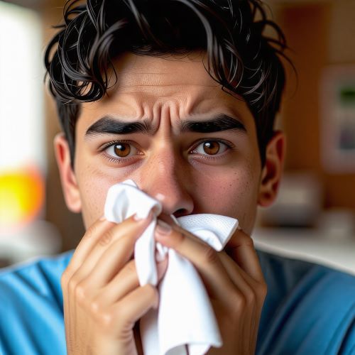 젊은 남성이 손수건으로 코와 입을 가리고 기침을 하고 있다.